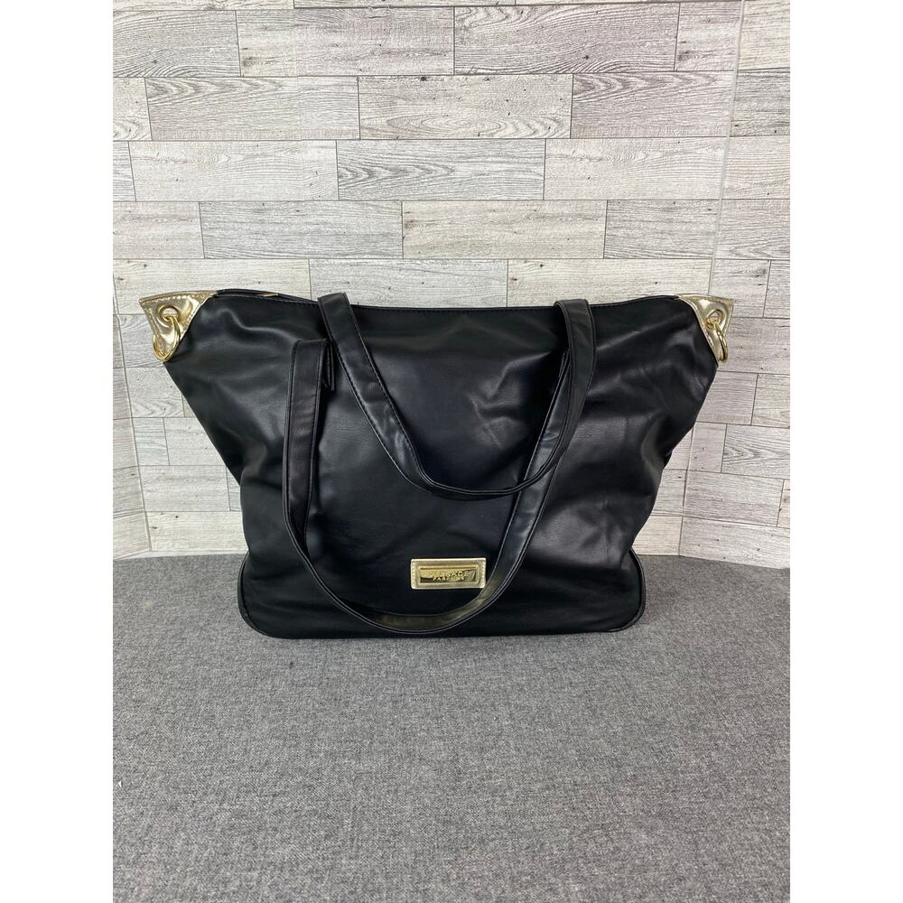 VERSACE PARFUMS TOTE Black Faux Leather Weekender Travel Bag Gold Hardware